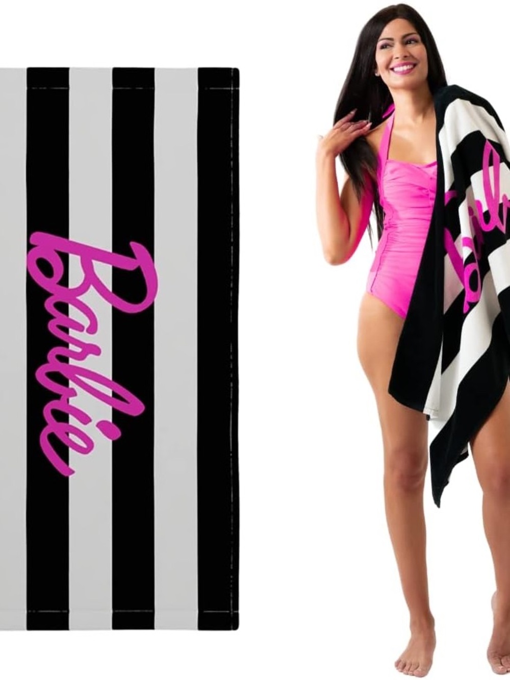 Barbie Black, White & Hot Pink Striped Beach Towel